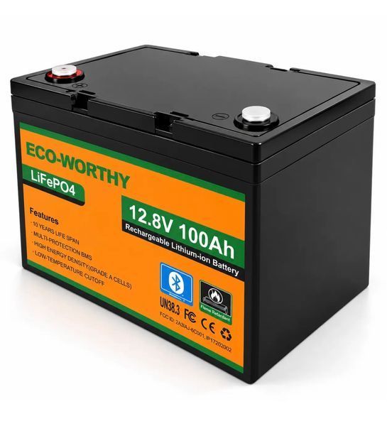 Літій-залізо-фосфатний акумулятор Eco-Worthy-12100BT LiFePO4 12,8 В 100 А&middot;год 1280 Вт&middot;год з Bluetooth та BMS для резервного живлення 13000 фото