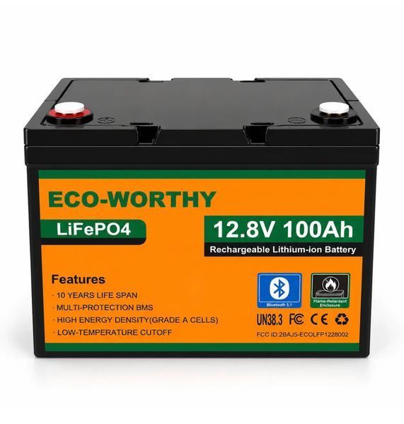 Літій-залізо-фосфатний акумулятор Eco-Worthy-12100BT LiFePO4 12,8 В 100 А&middot;год 1280 Вт&middot;год з Bluetooth та BMS для резервного живлення 13000 фото